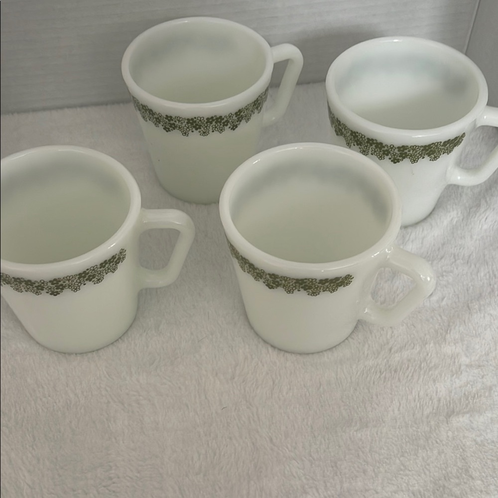 Pyrex White and Green Coffee Mugs with Vintage Design
